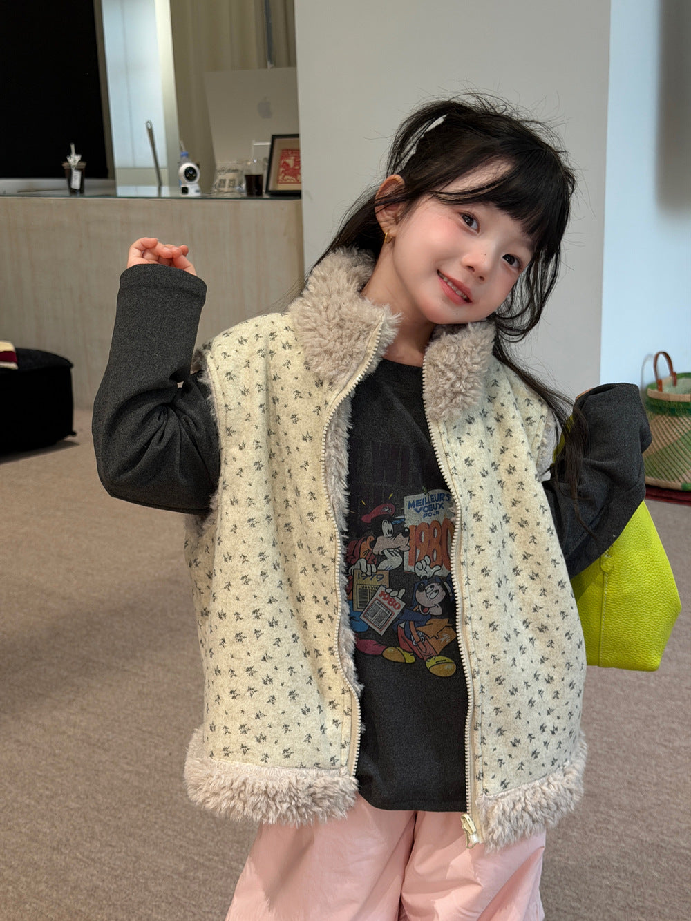 Children's Vest 2026 Winter Korean Style Double-Sided Plush Vest for Children's Floral Thickened Stand Collar Fleece Vest【mh0014695】