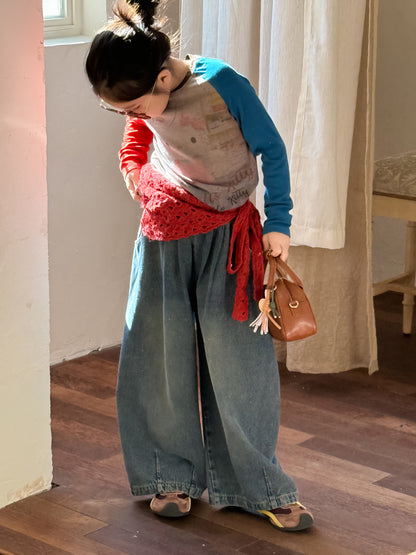 -プリーツ切り替えデニムワイドパンツジーンズ【mh0010767】 - mamahalo shop - デニムパンツ -  べビー服 - 子供服 - 男の子 - 女の子