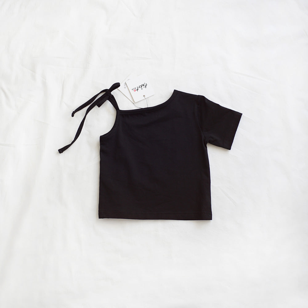 キッズ アシンメトリー ワンショルダー リボン 半袖Tシャツ【mh0013815】