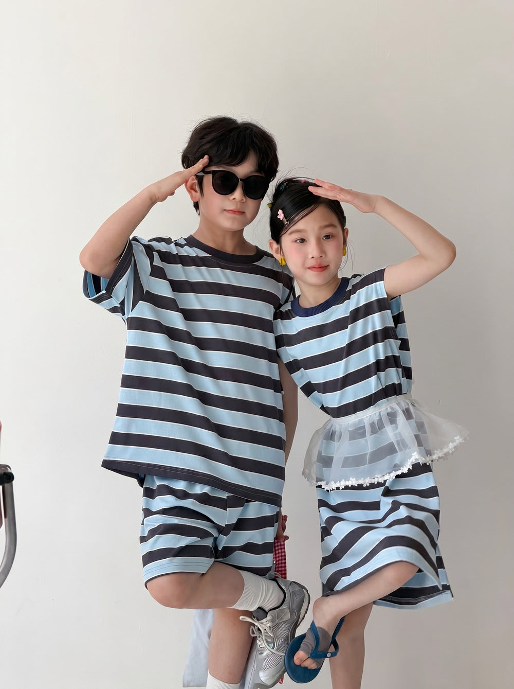 Casual Stripe Loose Dress Set ボーダー 半袖Tシャツ ハーフパンツ セット ノースリーブワンピース【mh0013537】