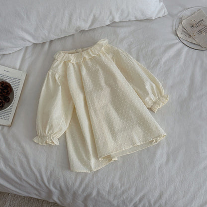 Vestido de manga larga para bebé y niña con cuello con volantes, jacquard, estampado de cuadros vichy y vestido tipo camisola con encaje 【mh0014482】