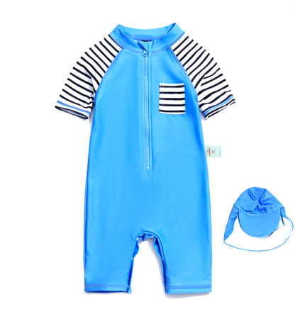 One-Piece Sun Protection Surf Wear プリント 半袖水着 帽子セット【mh0013319】