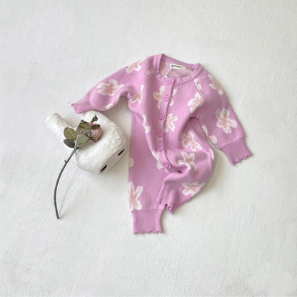 長袖ニットロンパース 花柄 ジャカードニット ジャンプスーツ ヘアバンド【mh0011856】