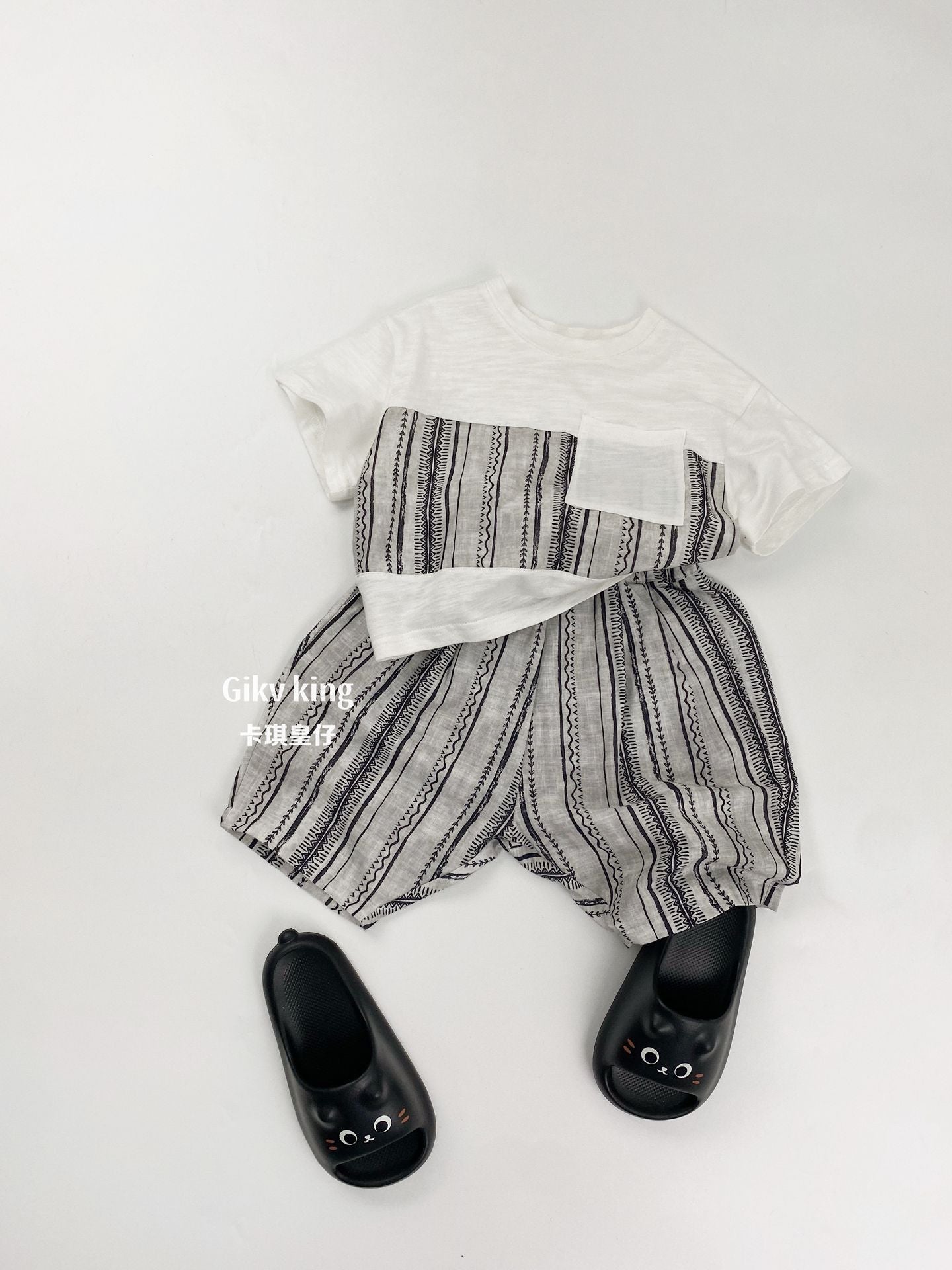Short Sleeve Pocket Top, Striped Shorts, Geometric Pattern, Striped Short Sleeve Set Up [mh0012829]