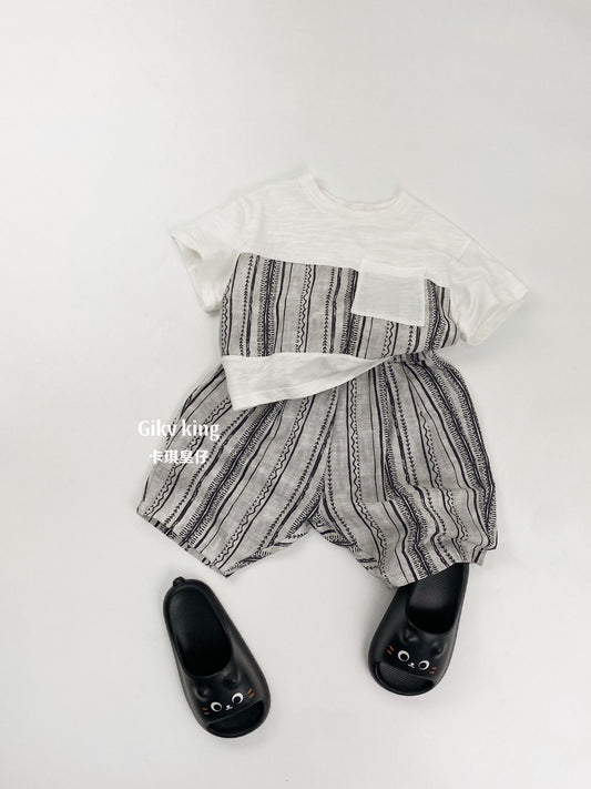 Short Sleeve Pocket Top, Striped Shorts, Geometric Pattern, Striped Short Sleeve Set Up [mh0012829]