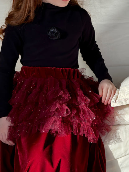 ハイネック長袖Tシャツ/ベルベッドメッシュドッキングスカート【mh0011888】