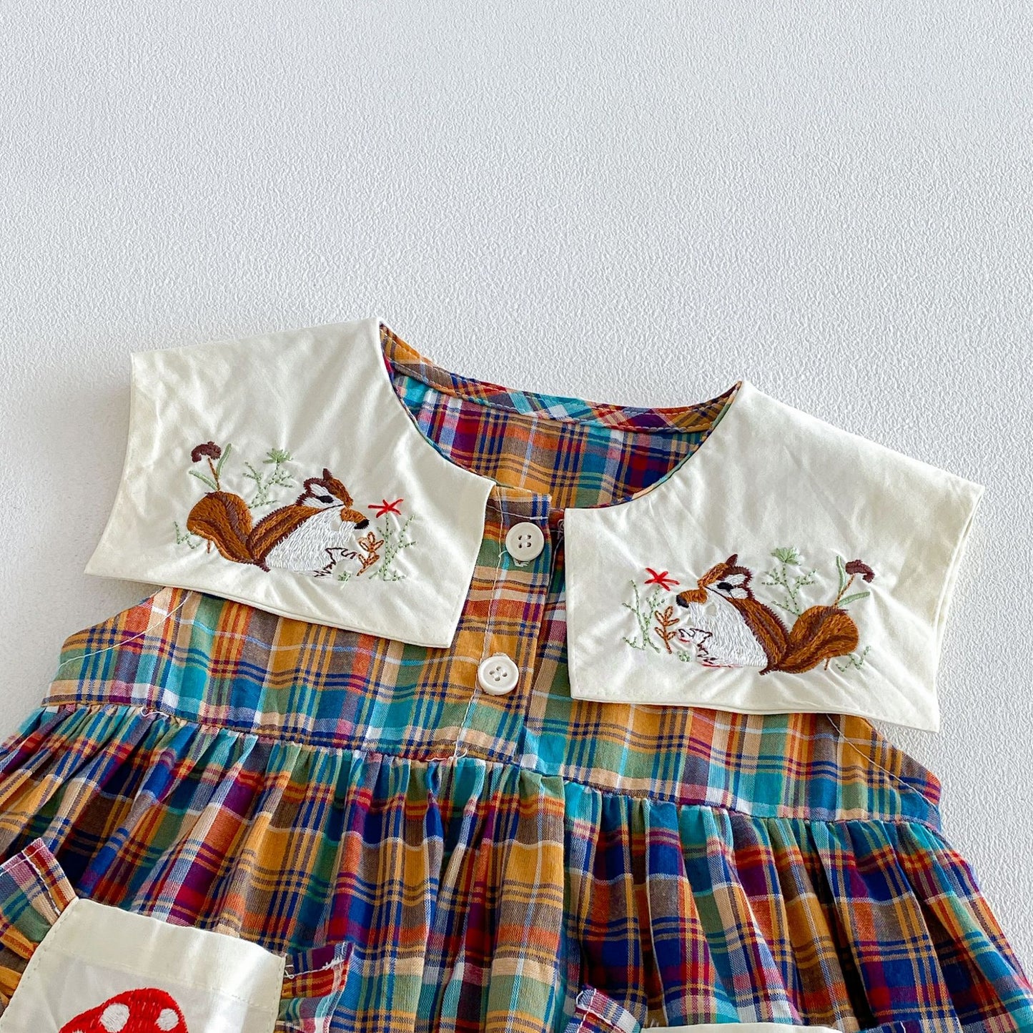 キッズ チェック 刺繍 ポケット ノースリーブ ワンピース【mh0013848】