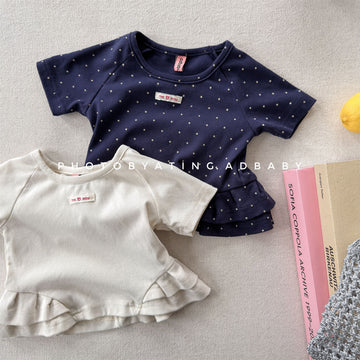 Polka Dot Ruffle Hem Short Sleeve T-Shirt Retro Pop【mh0013703】
