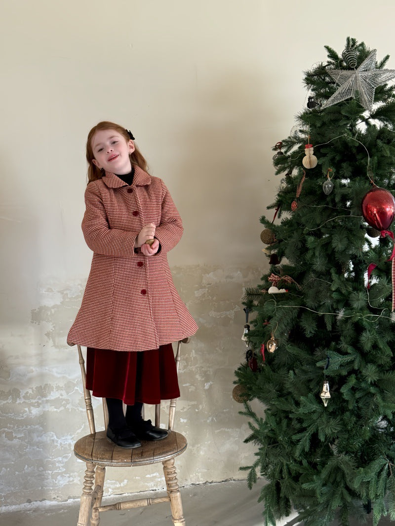 A-line retro coat with check pattern, round collar, quilted fur ribbon collar [mh0011889]