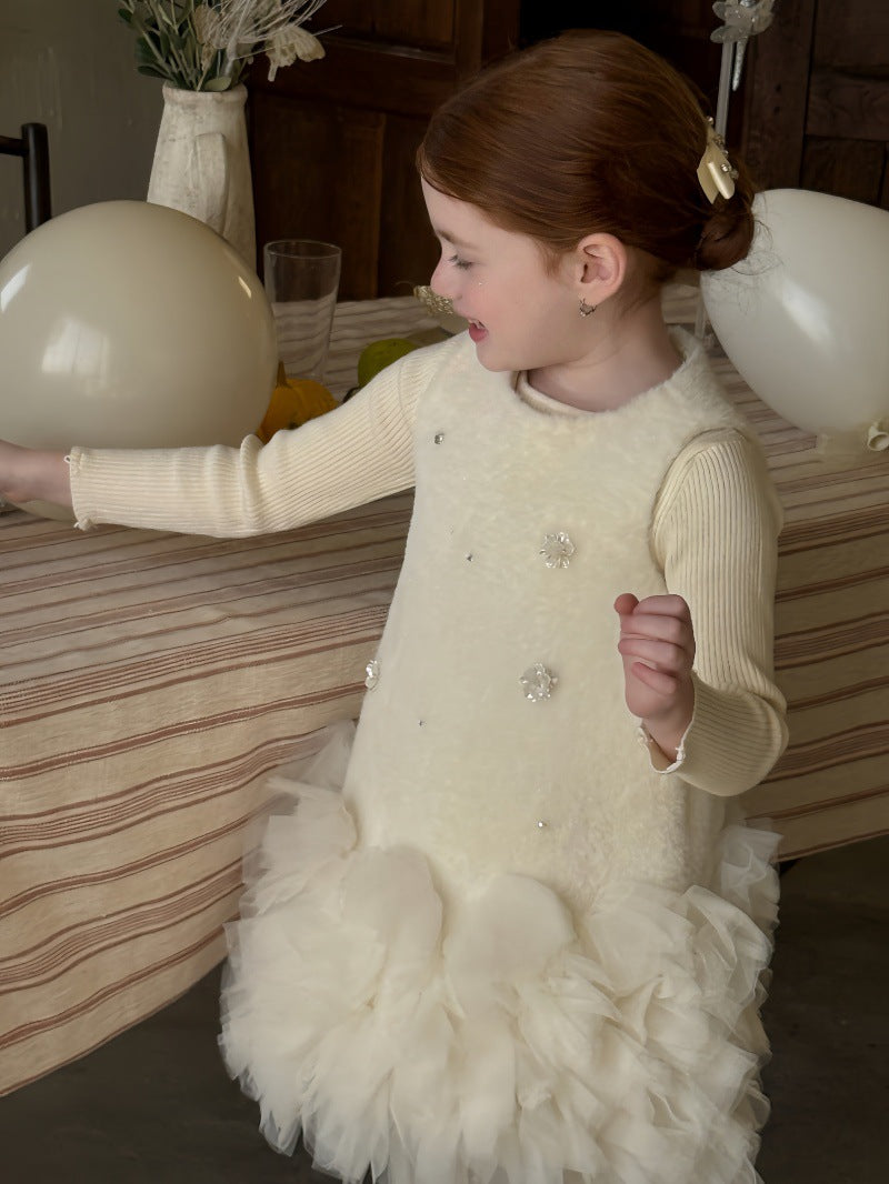 ノースリーブワンピース フリース ボリュームチュールスカート ビーズ刺繍【mh0011887】