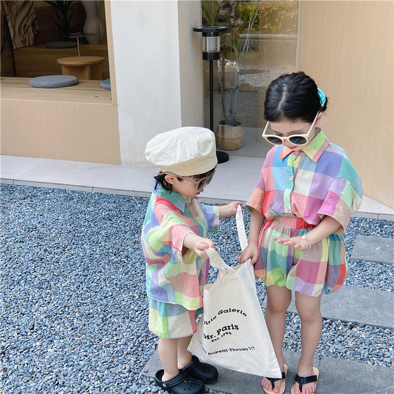Kids' Checkered Short-Sleeved Shirt, Shorts, and Balloon Pants Set [mh0001742]