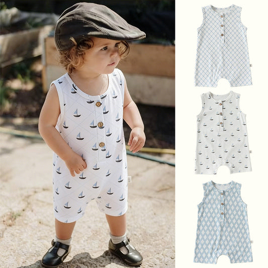 Henley Neckline Sleeveless Cotton ヨット ダイヤ ノースリーブロンパース【mh0012776】