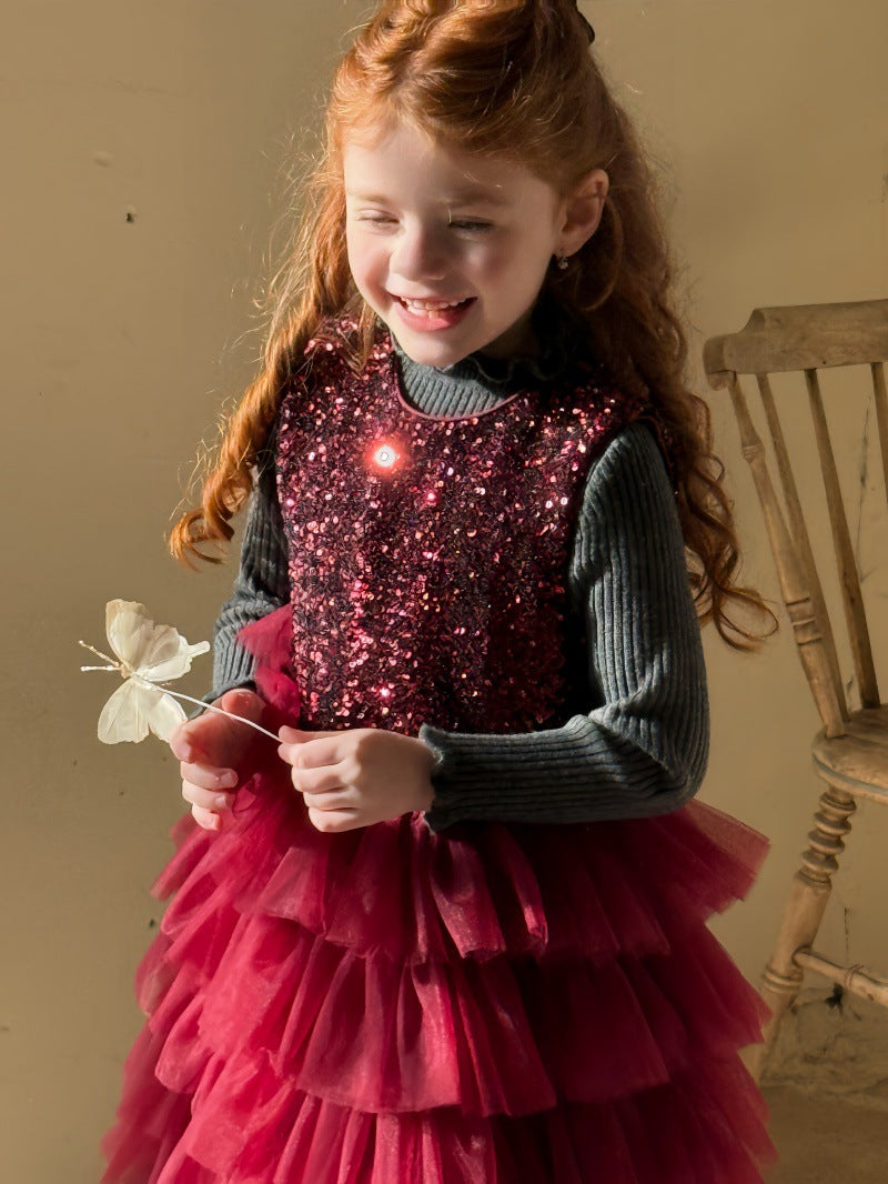 ノースリーブワンピース スパンコール メッシュチュチュスカート ドレス【mh0011894】