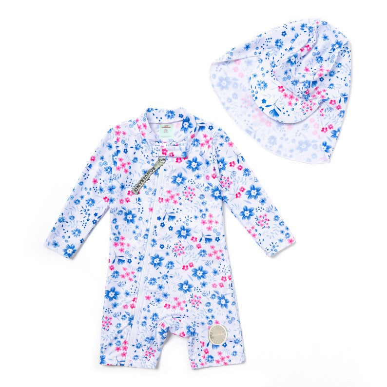 Long-sleeve Diagonal Zipper One-piece Beach Sun Protection Surf Suit ボタニカル 長袖水着 帽子セット【mh0013316】