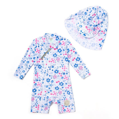 Long-sleeve Diagonal Zipper One-piece Beach Sun Protection Surf Suit ボタニカル 長袖水着 帽子セット【mh0013316】