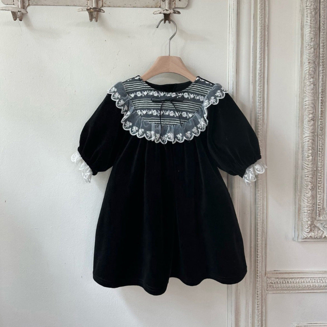 長袖ワンピース ベロア レースリボン パフスリーブ ドレス フォーマル【mh0011635】