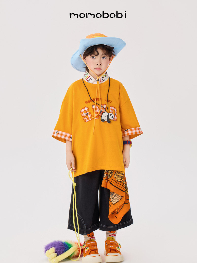 Checkered Patchwork Tee Denim ギンガムロゴ 半袖Tシャツ デニムハーフパンツ【mh0012992】