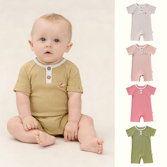 Henley Neckline Short Sleeve Modal Romper ワンポイント 刺繍 半袖ロンパース【mh0012781】