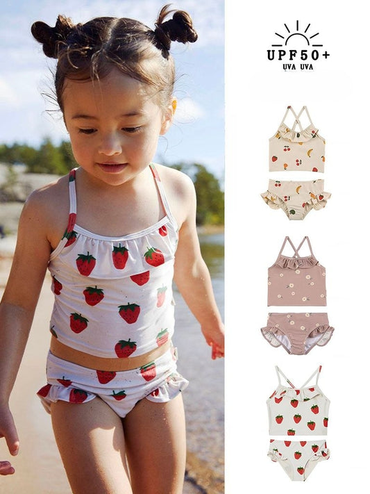 -キッズ水着 ガールズ ビキニ キャミソールトップス+フリルパンツ フルーツ/フラワープリント 3カラー スイムウェア【mh0005984】 - mamahalo shop - ベビー用水着 -  べビー服 - 子供服 - 男の子 - 女の子