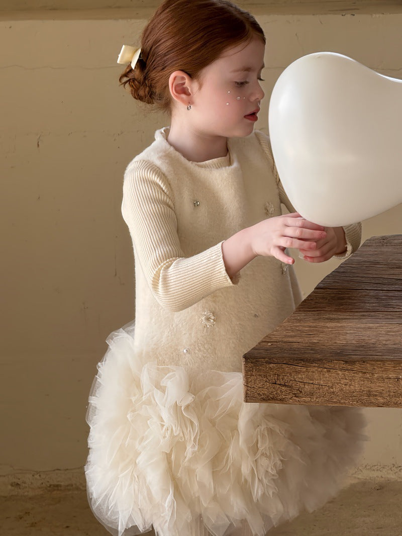 ノースリーブワンピース フリース ボリュームチュールスカート ビーズ刺繍【mh0011887】