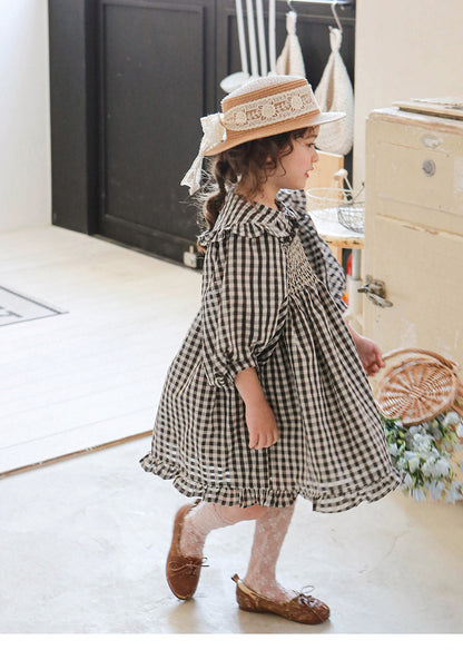 Puff Sleeve Plaid Flower Dress パフスリーブ チェック フラワー ワンピース【mh0001542】