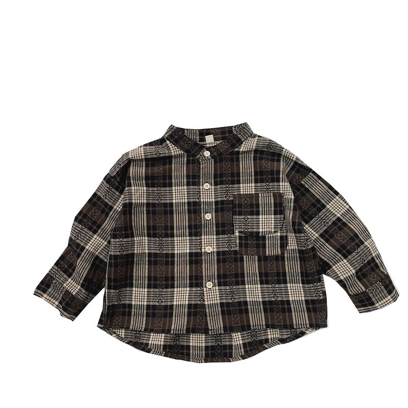 キッズ チェック バンドカラー ルーズ 長袖シャツ【mh0013930】