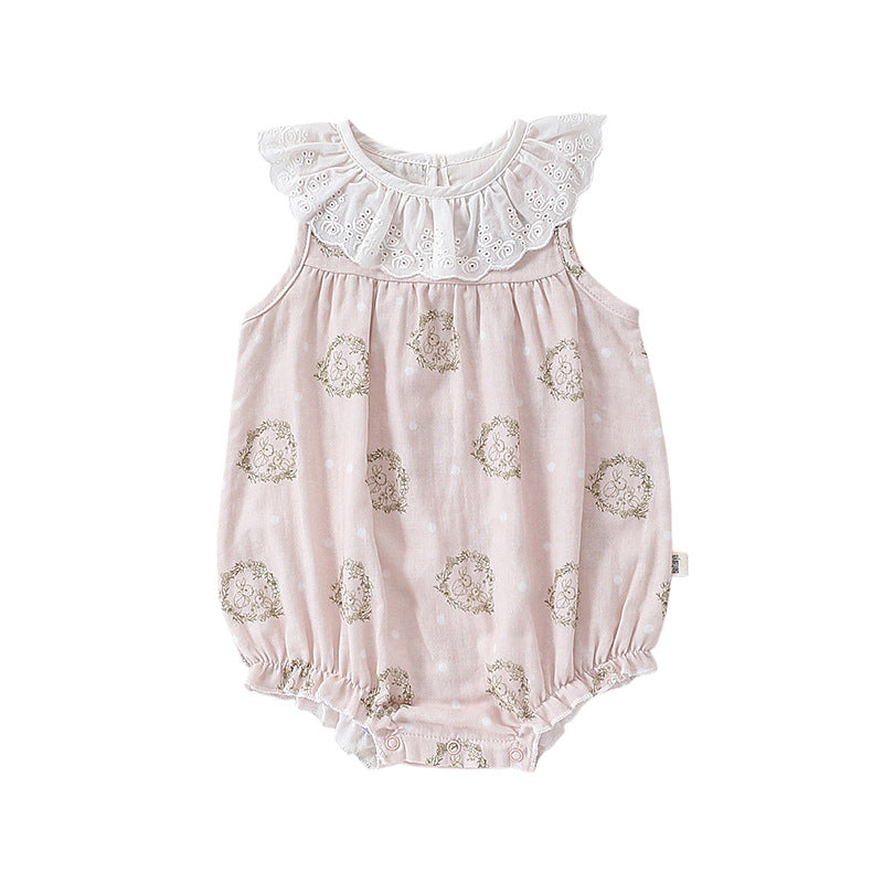 Lace Ruffle Collar Patterned Romper レース ノースリーブロンパース【mh0013607】