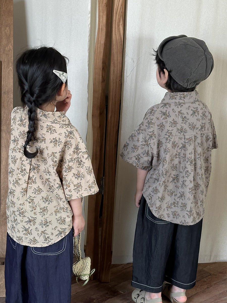 Floral Drop Shoulder Cotton Shirt フラワー 半袖シャツ【mh0013470】
