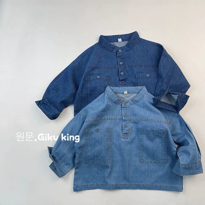 キッズ スタンドカラー 長袖 デニムシャツ【mh0014592】