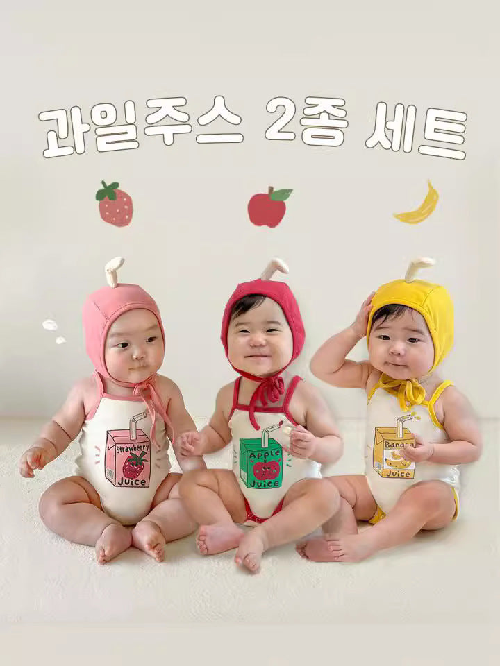 Fruit Juice Print Sleeveless Romper Hat Set フルーツ キャミソールロンパース 帽子 セット【mh0013374】