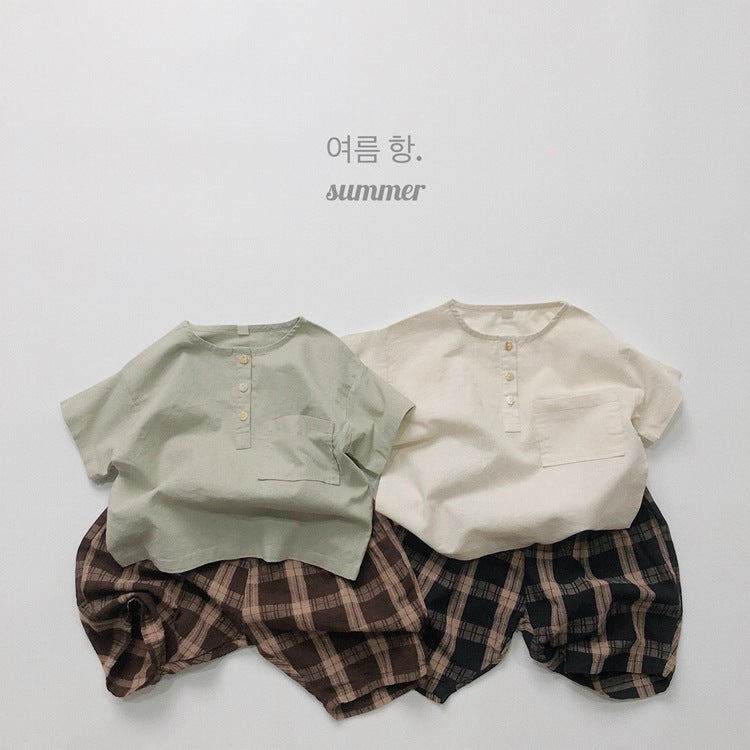 キッズ コットンリネン ルーズ ヘンリーネック 半袖 シャツ【mh0001970】