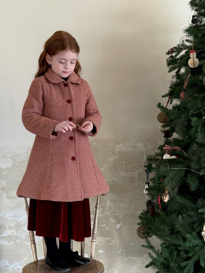 A-line retro coat with check pattern, round collar, quilted fur ribbon collar [mh0011889]