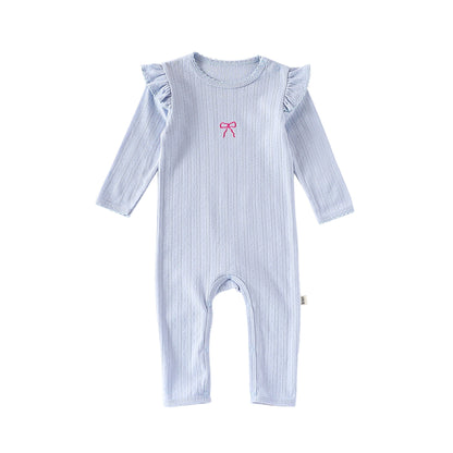 長袖ロンパース コットン フリル 刺繍 リブ カバーオール【mh0011699】