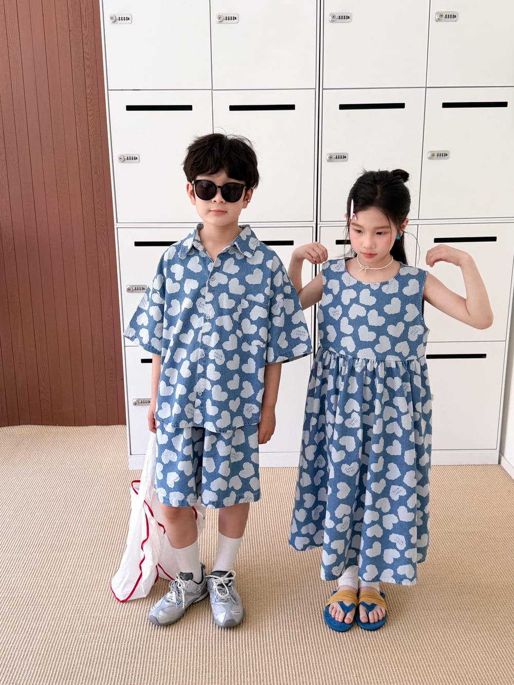 Heart Pattern Denim Set Dress ハート 半袖シャツ ハーフパンツ ノースリーブワンピース【mh0013526】