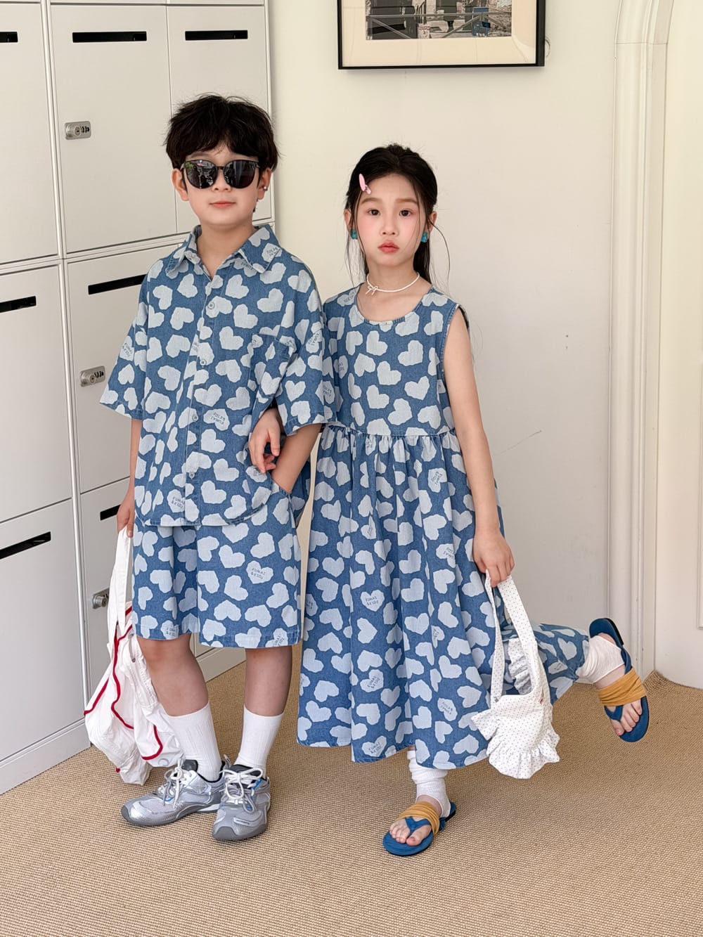 Heart Pattern Denim Set Dress ハート 半袖シャツ ハーフパンツ ノースリーブワンピース【mh0013526】