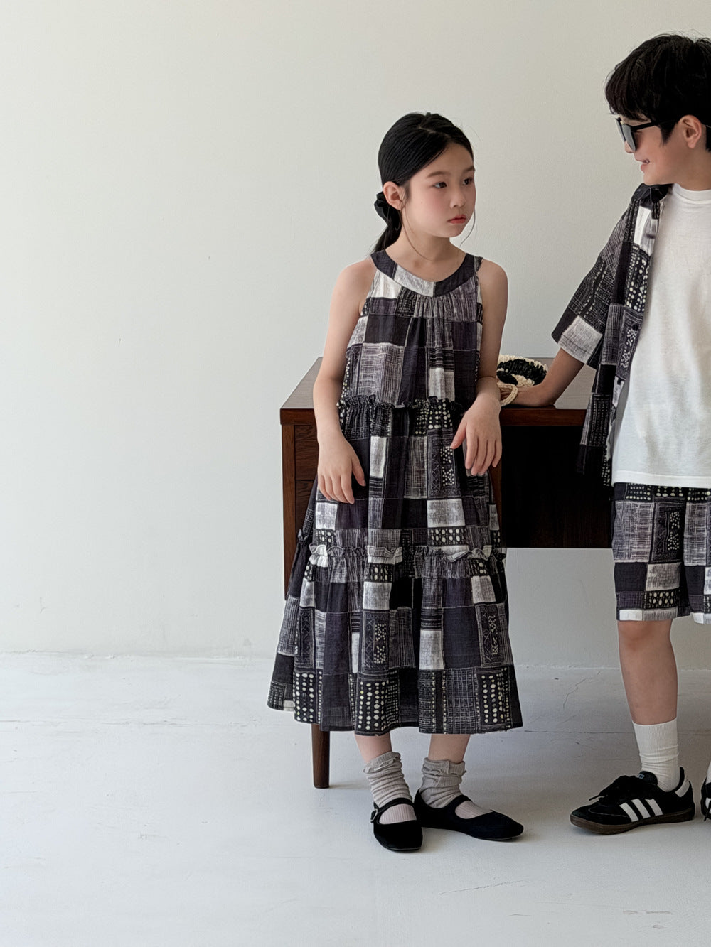 Ethnic Geometric Printed Dress Shirt Shorts Set エスニック ノースリーブワンピース 半袖シャツ ハーフパンツ【mh0013538】