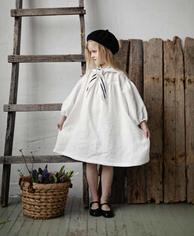 Kids' Sailor Collar Detachable Puff Sleeve Linen A-Line Long-Sleeved Dress [mh0013876]