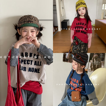 キッズ ボーダープリント レイヤード風 長袖Tシャツ【mh0014556】