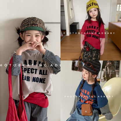キッズ ボーダープリント レイヤード風 長袖Tシャツ【mh0014556】