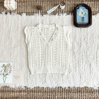 キッズ フラワー 透かし編み フリル 刺繍 ニット ベスト 長袖 ブラウス【mh0014609】