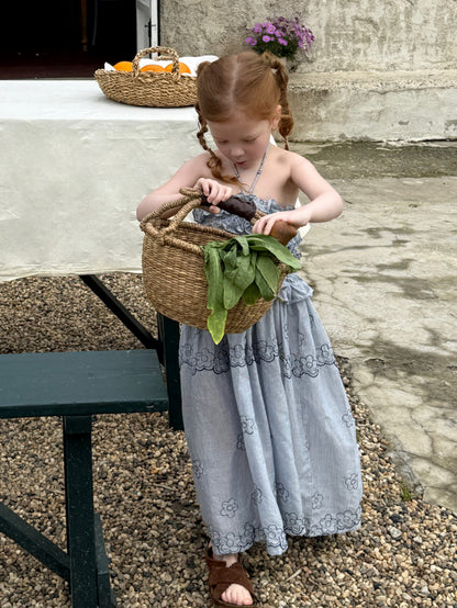 Smocked Halterneck Maxi Dress ストライプ フラワー刺繍 ノースリーブワンピース【mh0012825】