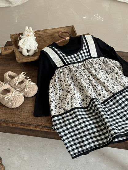 -チェック柄小花プリントノースリーブワンピース レイヤードワンピース【mh0010991】 - mamahalo shop - 長袖セットアップ -  べビー服 - 子供服 - 男の子 - 女の子