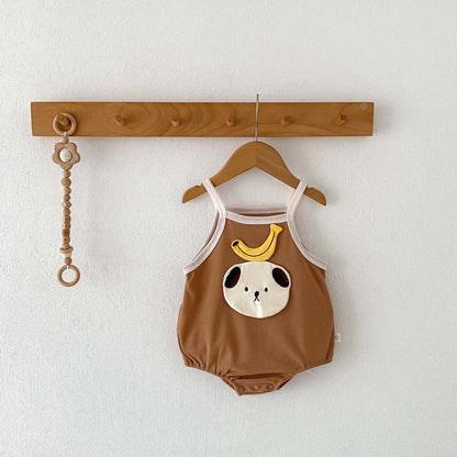 -ベビー ワッフル くま ベア バナナ キャミソール ロンパース ベージュ コーヒーブラウン ユニセックス【mh0002043】 - mamahalo shop - ノースリーブロンパース -  べビー服 - 子供服 - 男の子 - 女の子