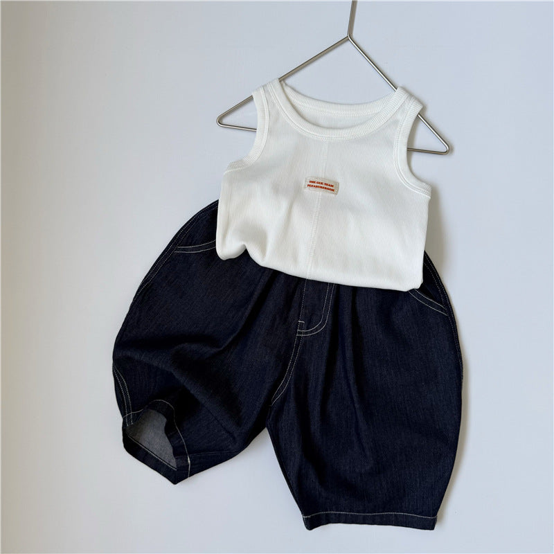 GL-kids Verano coreano Nuevo chaleco simple sin mangas con etiqueta Unisex Color sólido Centro-cosido Camiseta lavada【mh0013645】