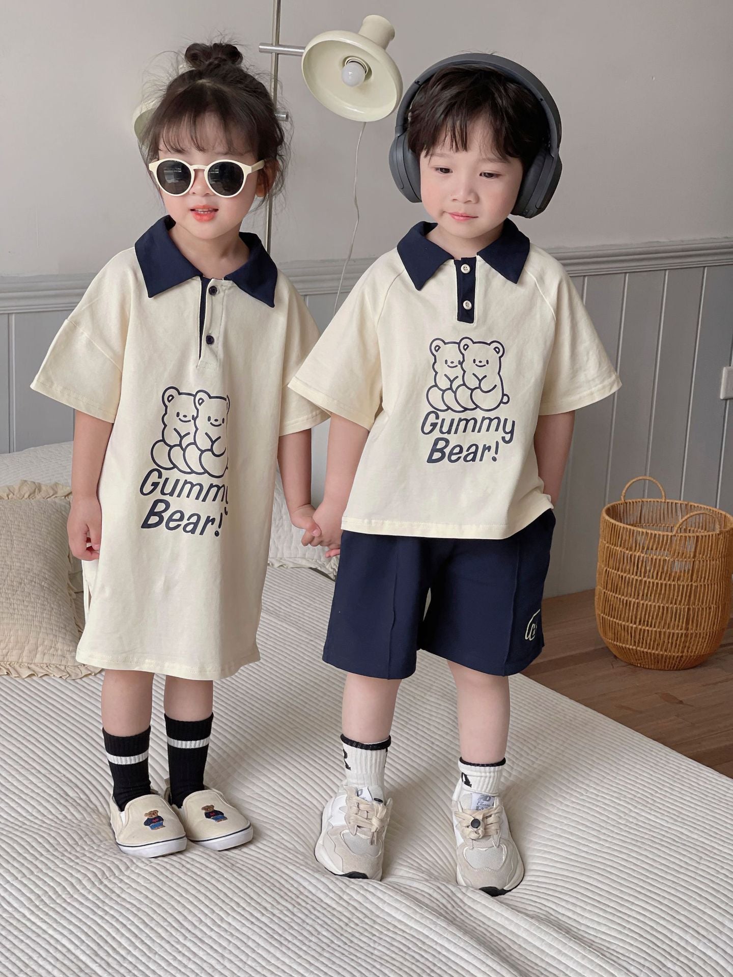 Polo de manga corta con estampado de osos para niños, pantalones cortos y vestido [mh0001950]