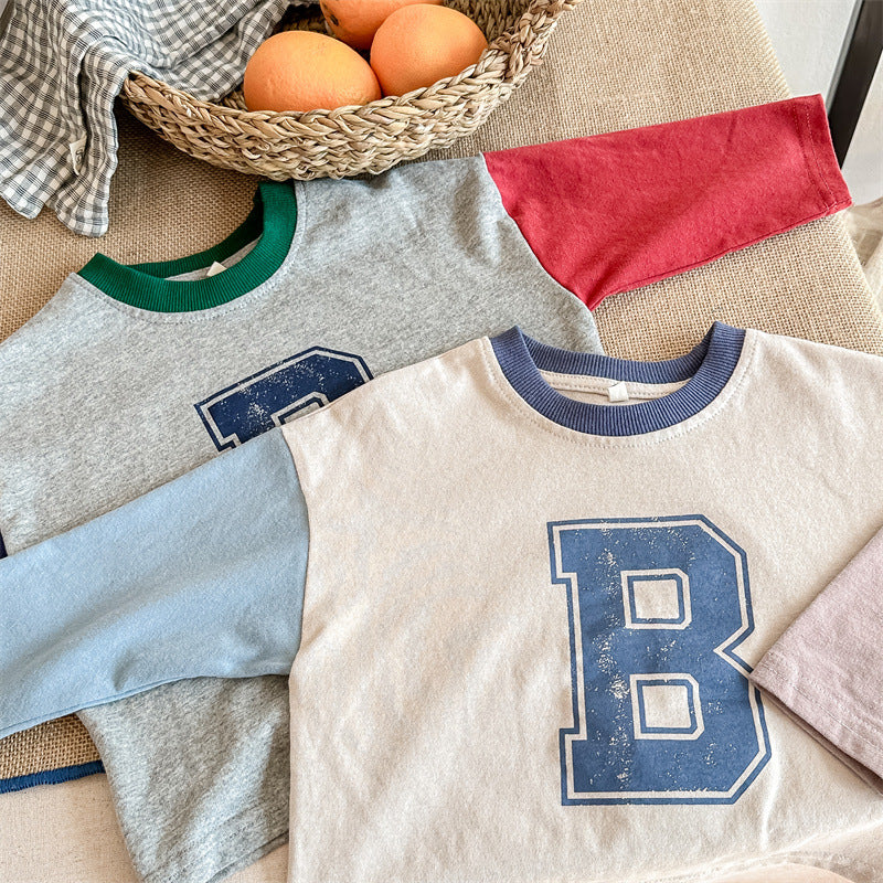 Kids Tops Long Sleeve T-Shirt Patchwork Letter Logo Print 2 Colors