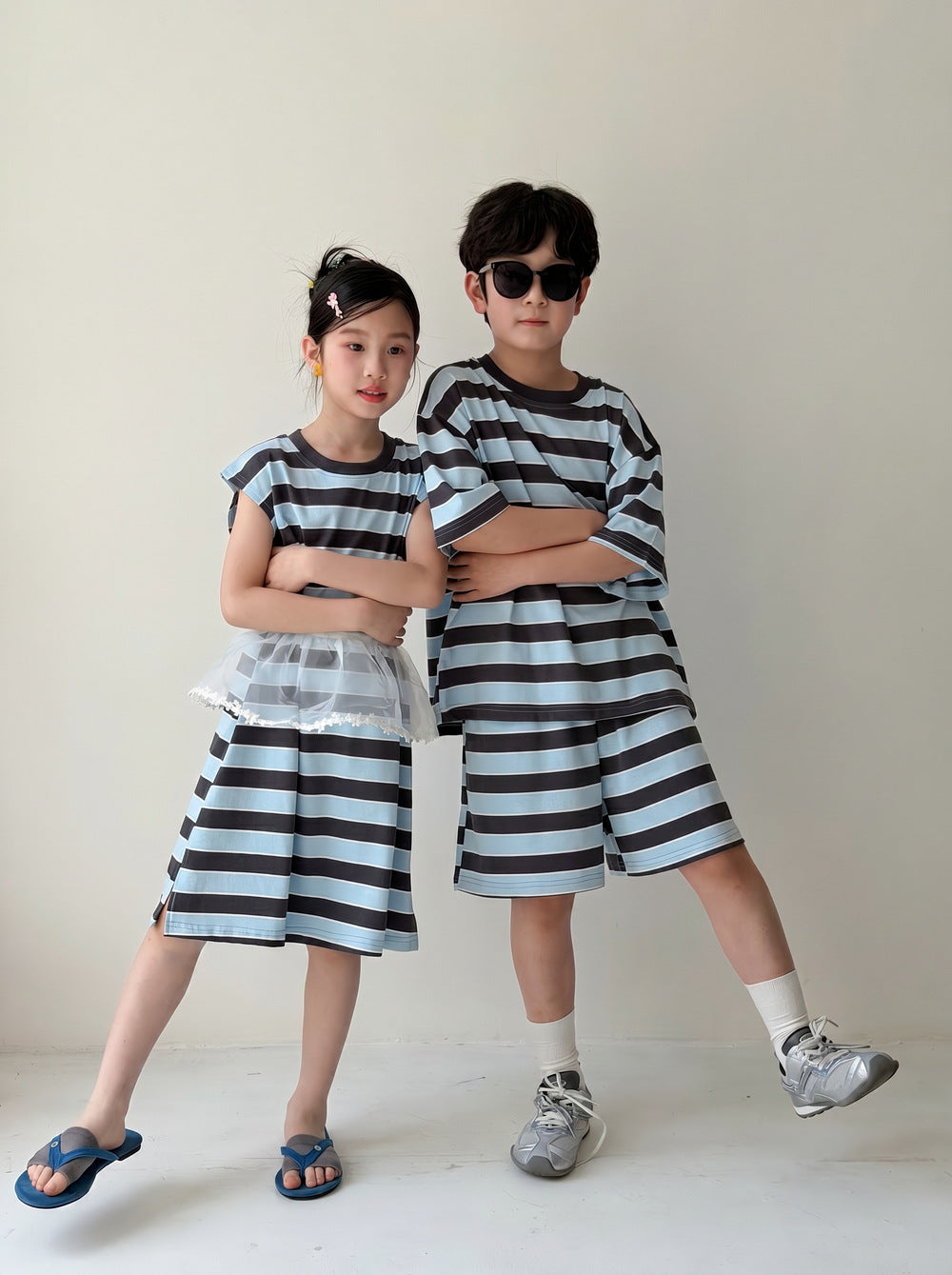 Casual Stripe Loose Dress Set ボーダー 半袖Tシャツ ハーフパンツ セット ノースリーブワンピース【mh0013537】