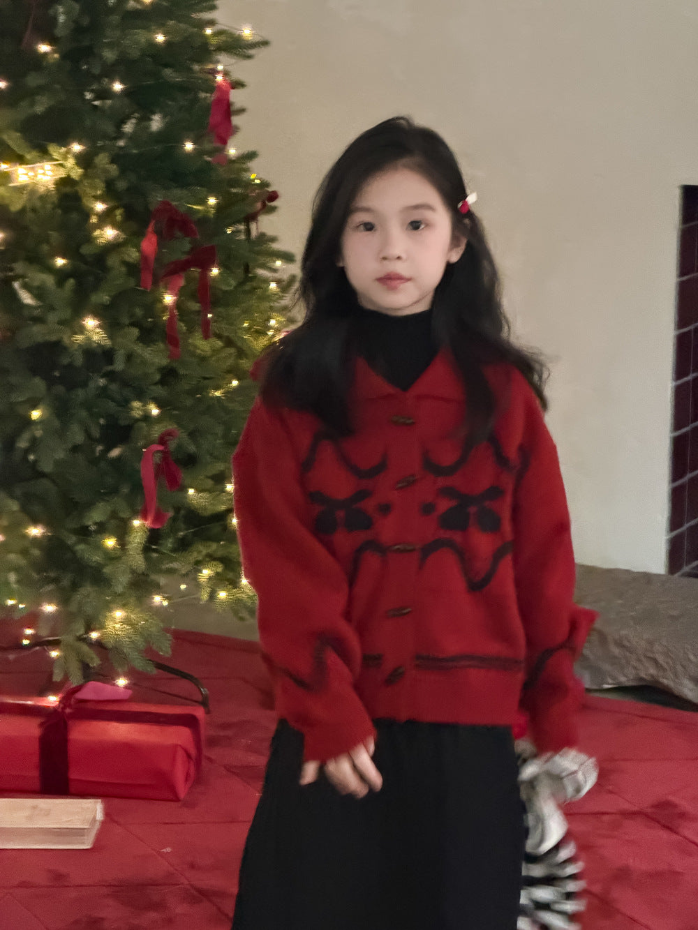 Knit jacket with collar, cherry print, thick cardigan, toggle buttons [mh0011863]