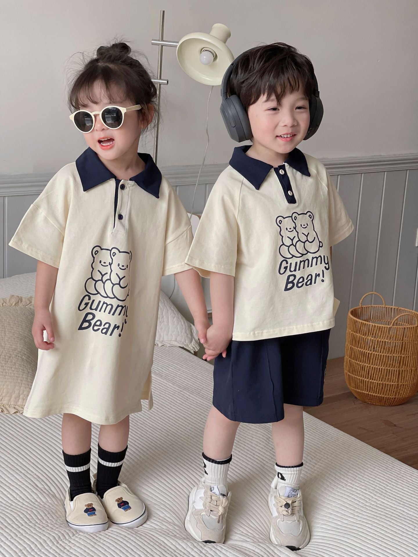 Polo de manga corta con estampado de osos para niños, pantalones cortos y vestido [mh0001950]