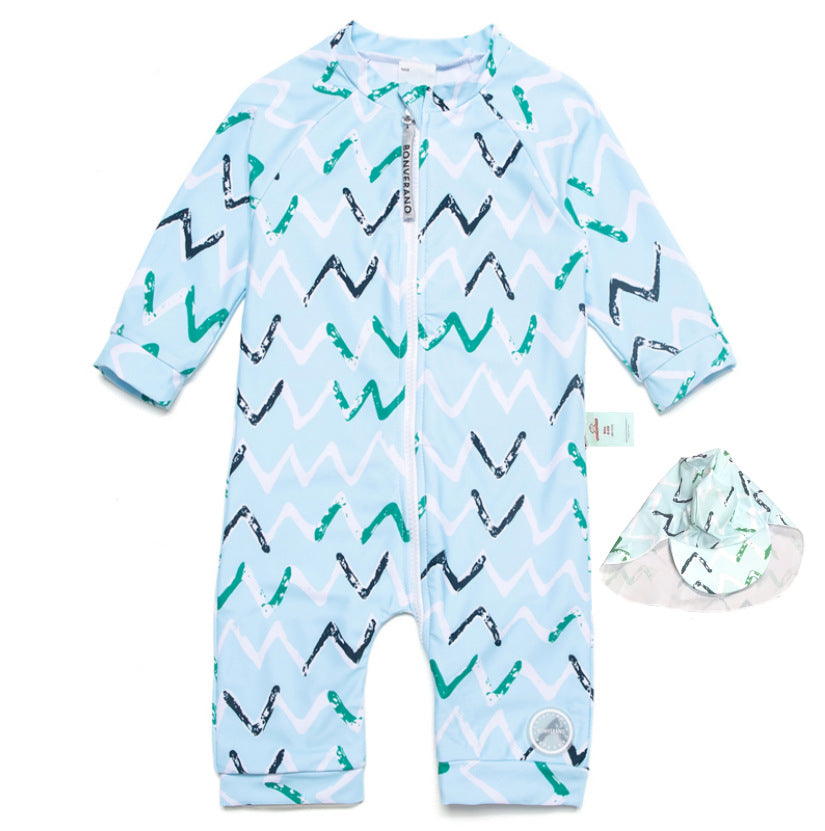 One-Piece Surf Wear With Matching Cap プリント 長袖水着 帽子セット【mh0013315】